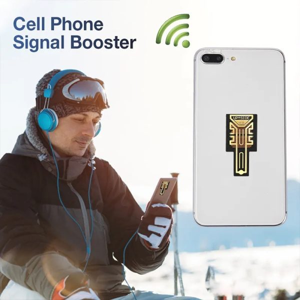 SP-11 Pro mobile signal booster sticker attached to smartphone back