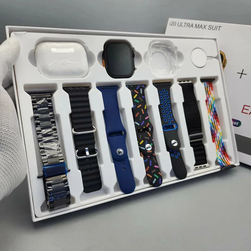 I20 Ultra Max Suit (10 in 1) Smart Watch + Earbuds Master Copy with 7 straps (ALLOW TO OPEN)